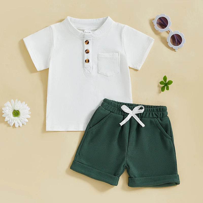Summer Toddler Boys Shorts Sets Short Sleeve O Neck Button Up Tops and Solid Color Shorts Set