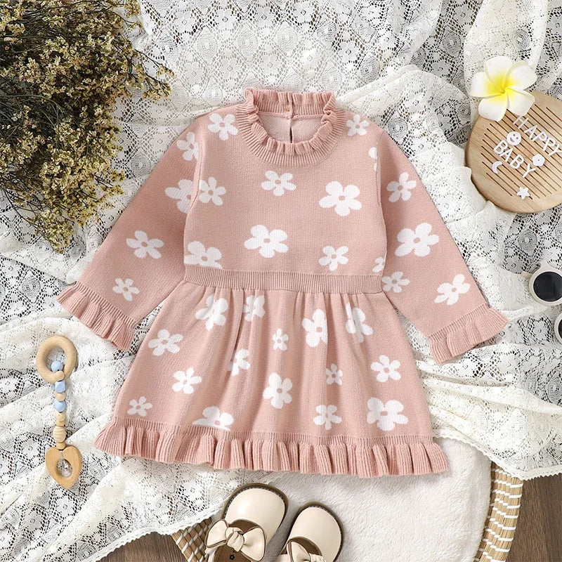 Toddler Kids Girl Long Sleeve Dress Casual Floral Print Ruffle Sweater A-Line Dress Baby Spring Clothes