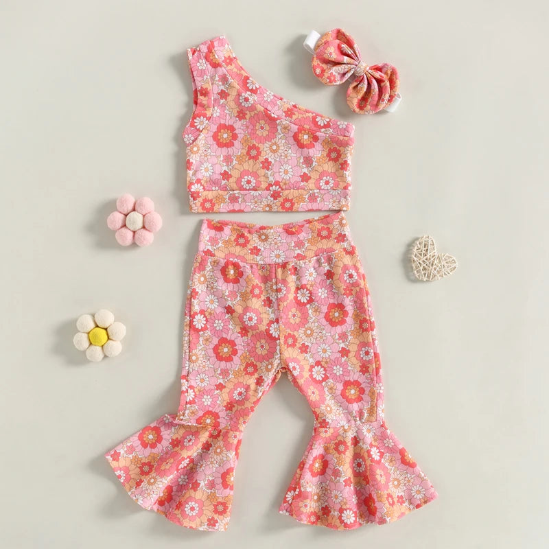 Toddler Girls 3Pcs Summer Outfit Sets Sleeveless One Shoulder Vest Floral Flared Pants Headband