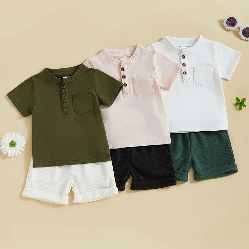 Summer Toddler Boys Shorts Sets Short Sleeve O Neck Button Up Tops and Solid Color Shorts Set
