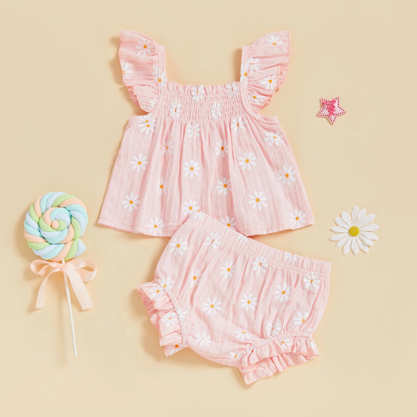Baby Girl Daisy Outfit Smocked Flying Sleeve Babydoll Tops Elastic Waist Ruffle Shorts Cute Summer Clothes 2Pcs Set