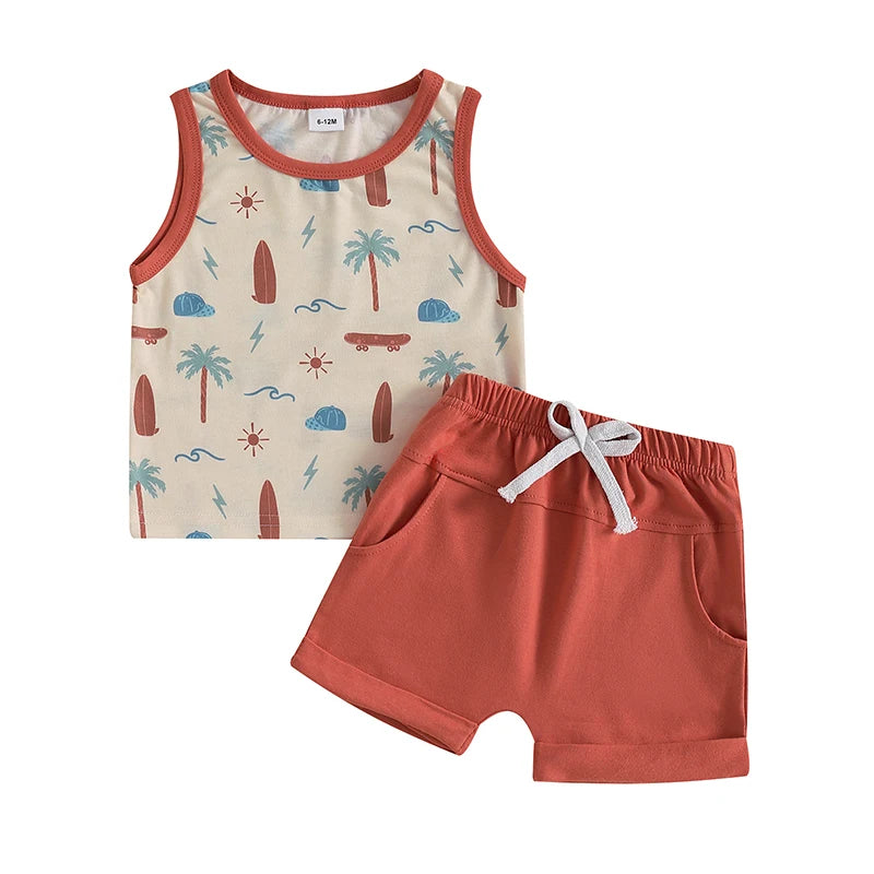 Infant Toddler Baby Boy Summer Clothes Sleeveless Pattern Print Tank Vest Top Solid Jogger Shorts Set Beach Outfit