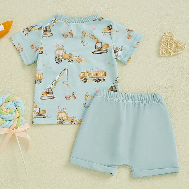 Toddler Boy Summer Outfits Excavator Print Round Neck Short Sleeve Tops with Elastic Waist Shorts Outfit