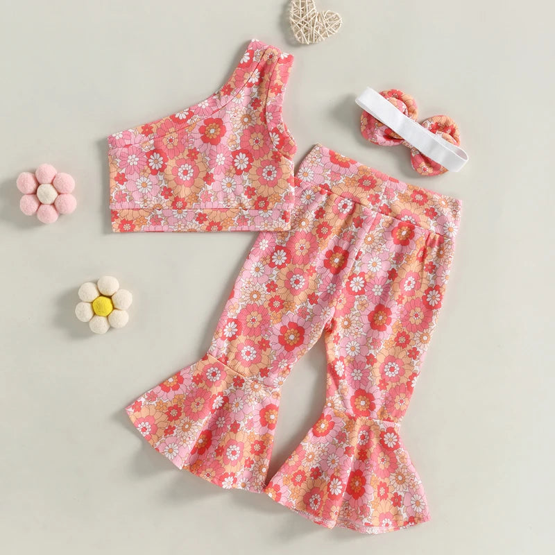 Toddler Girls 3Pcs Summer Outfit Sets Sleeveless One Shoulder Vest Floral Flared Pants Headband