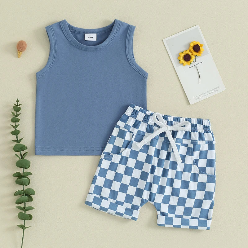 Summer Baby Boy Clothes Solid Sleeveless Tank Top Checkered Shorts 2Pcs Outfit Set