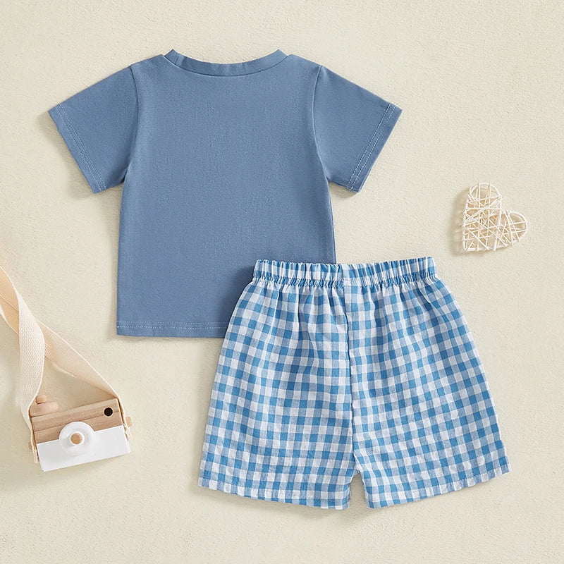 Toddler Boy Summer Outfits Pocket Round Neck Short Sleeve Tops with Plaid Pattern Shorts Outfit