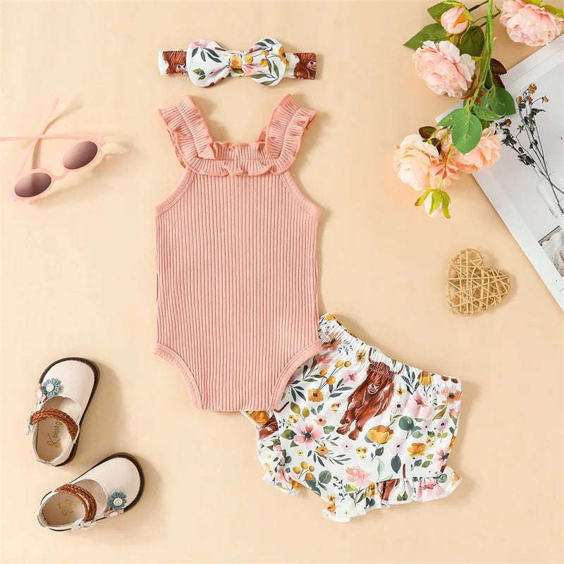 Newborn Infant Baby Girl 3Pcs Outfits Sleeveless Romper Cow Floral Print Pants Headband Set