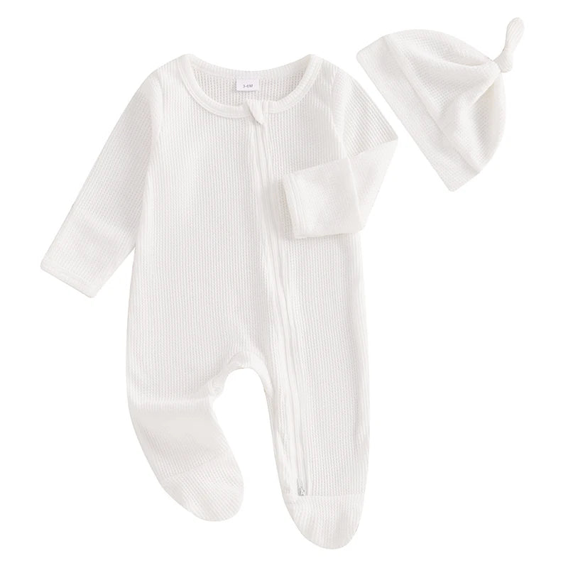 Baby Solid Color Waffle Long Sleeve Crew Neck Zipper Footed Jumpsuit with Hat
