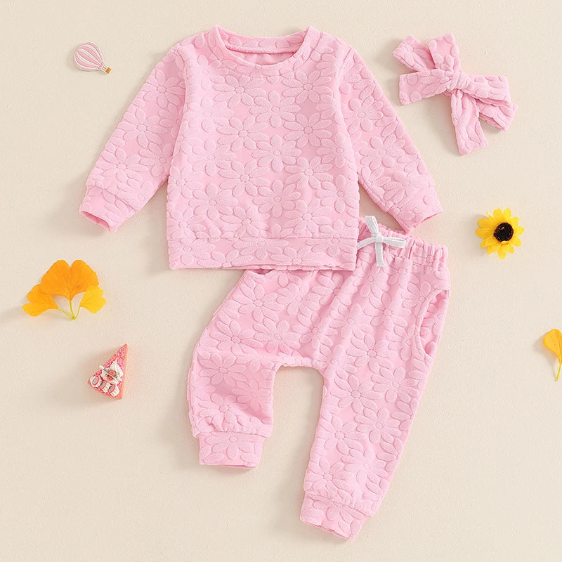 Toddler Girl Fall Outfit Daisy Embroidery Long Sleeve Sweatshirt with Elastic Waist Pants Headband Set