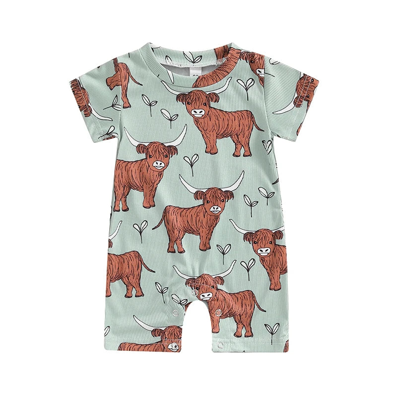 Baby Boys Western Short Sleeve Crew Neck Cow Head Print Casual Romper Jumpsuit