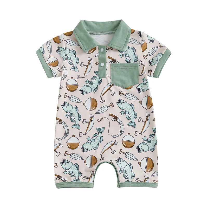 Baby Boy Fish Print Romper Half Button-up Lapel Neck Short Sleeve Bodysuit Cute Summer Clothes