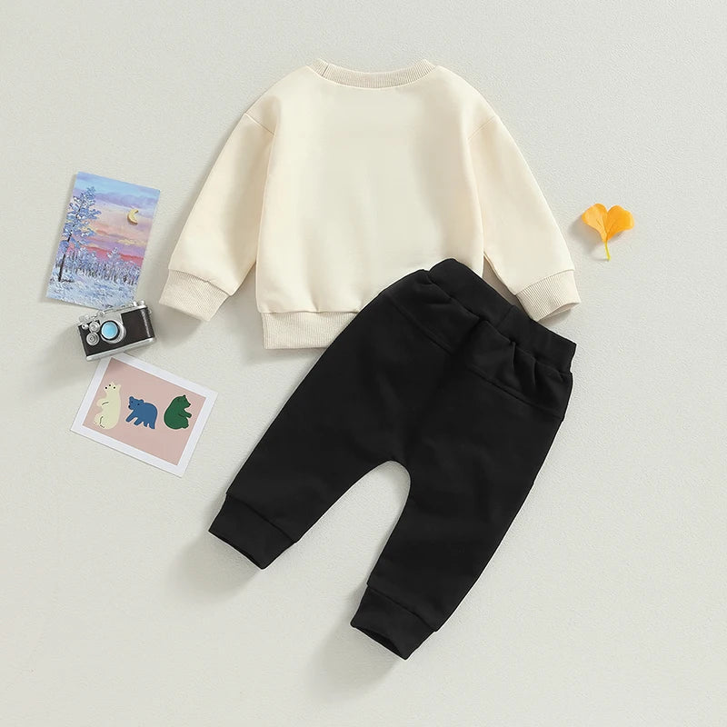 Toddler Baby Boy Girl 2Pcs Fall Outfits Long Sleeve Bear Embroidery Tops Pocket Pants Set