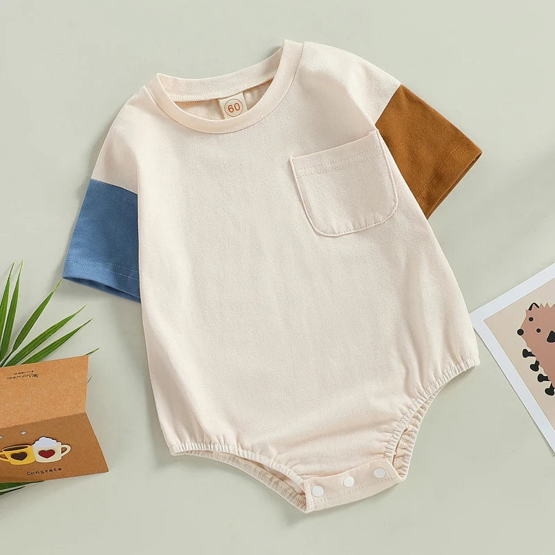 Kid Girl Boy Girl Bodysuit Short Sleeve Round Neck Patch Color Short Jumpsuit Tops