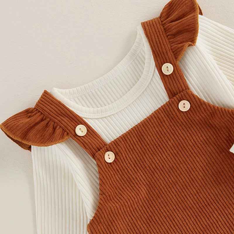 Newborn Baby Girls 2Pcs Fall Outfits Long Sleeve Ribbed Romper + Corduroy Overall Dress Set Clothes
