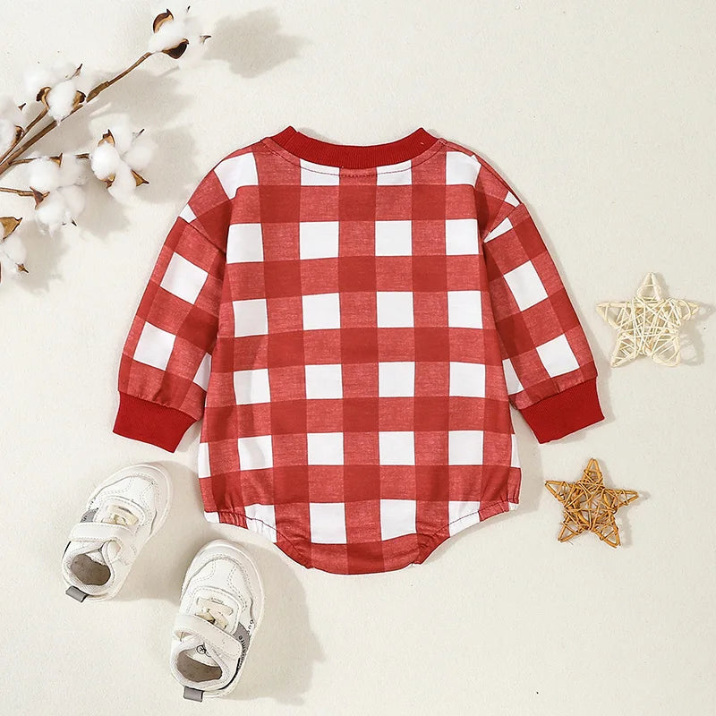 Baby Boys Sweatshirt Romper Plaid Long Sleeve Bodysuit Jumpsuit
