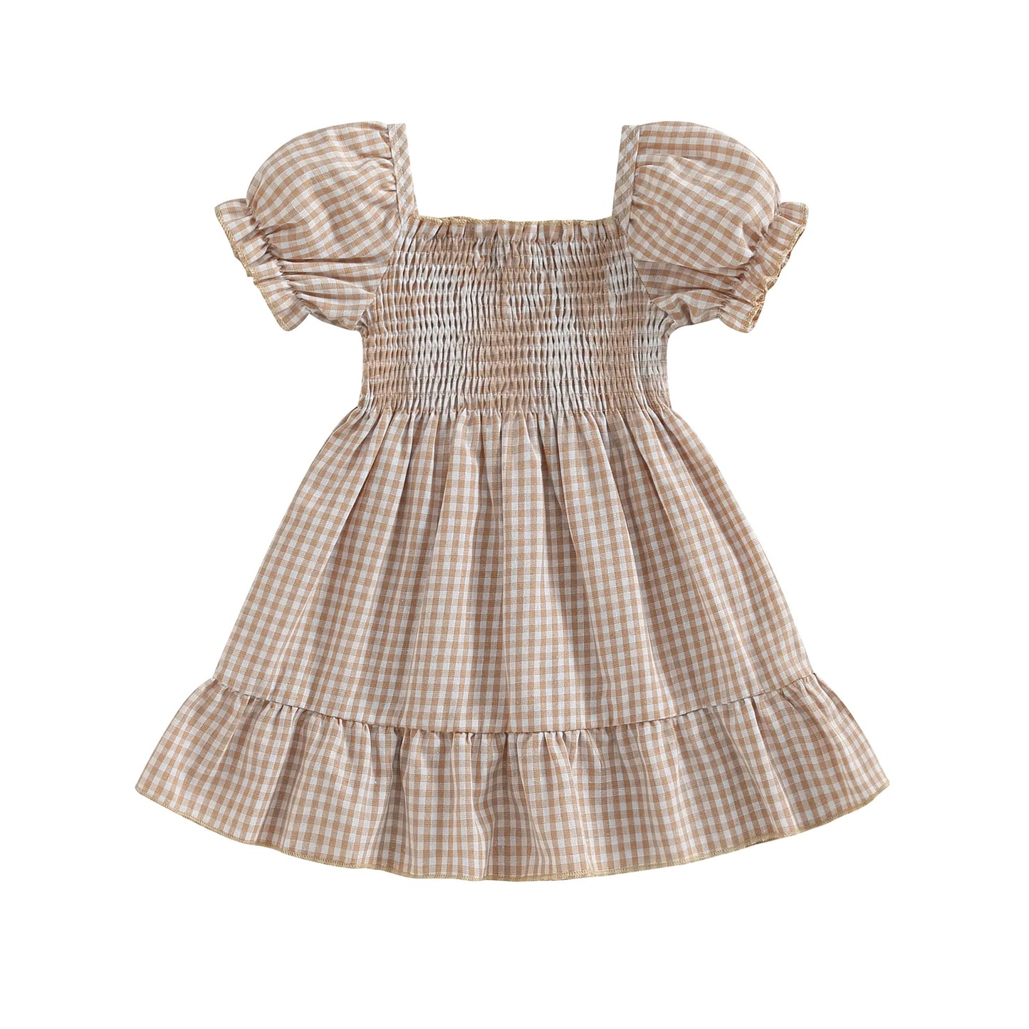 Summer Toddler Girls Sweet Dress Short Puff Sleeve Plaid Printed Ruffles Knee Length A-Line Dress