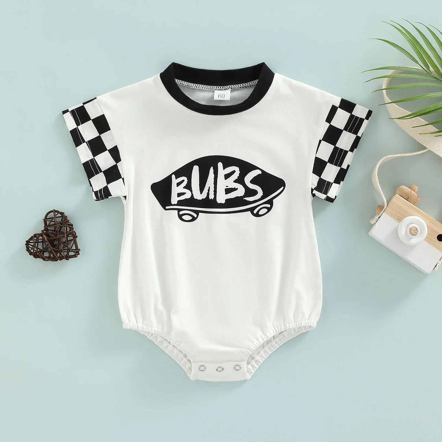 Infant Baby Girl Boy Romper Plaid Short Sleeve Round Neck Cartoon Pattern Letter Print Jumpsuit