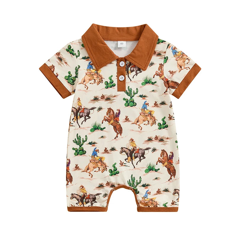 Baby Boys Summer Button Romper Short Sleeve Lapel Western Elements Print Jumpsuit