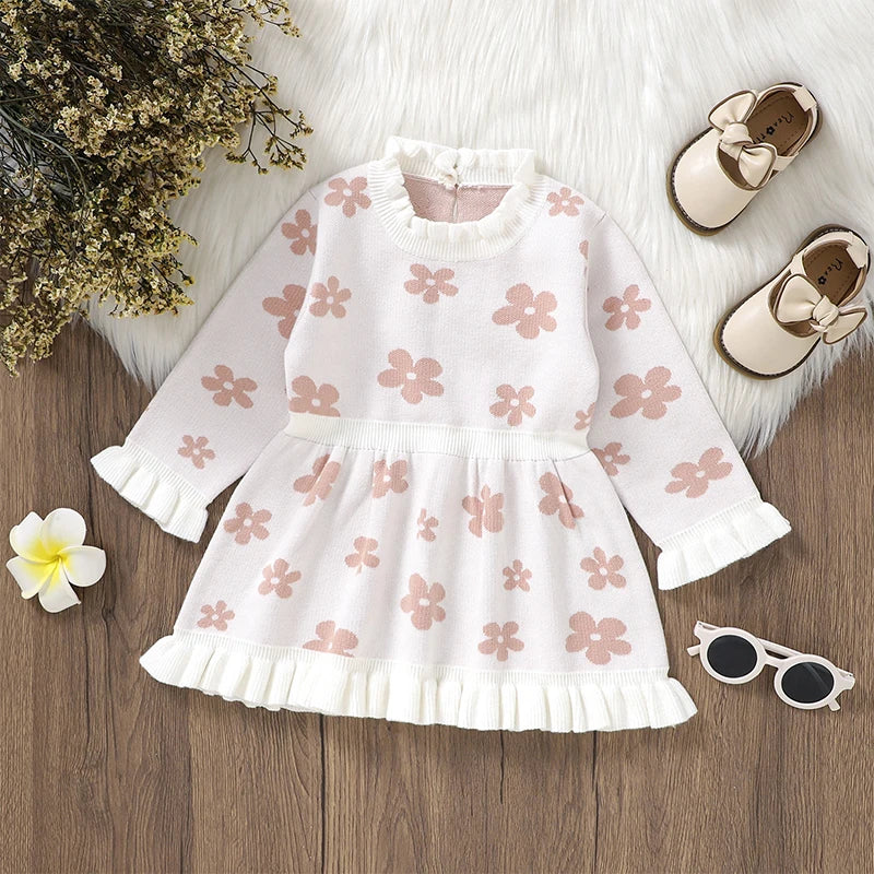 Toddler Kids Girl Long Sleeve Dress Casual Floral Print Ruffle Sweater A-Line Dress Baby Spring Clothes