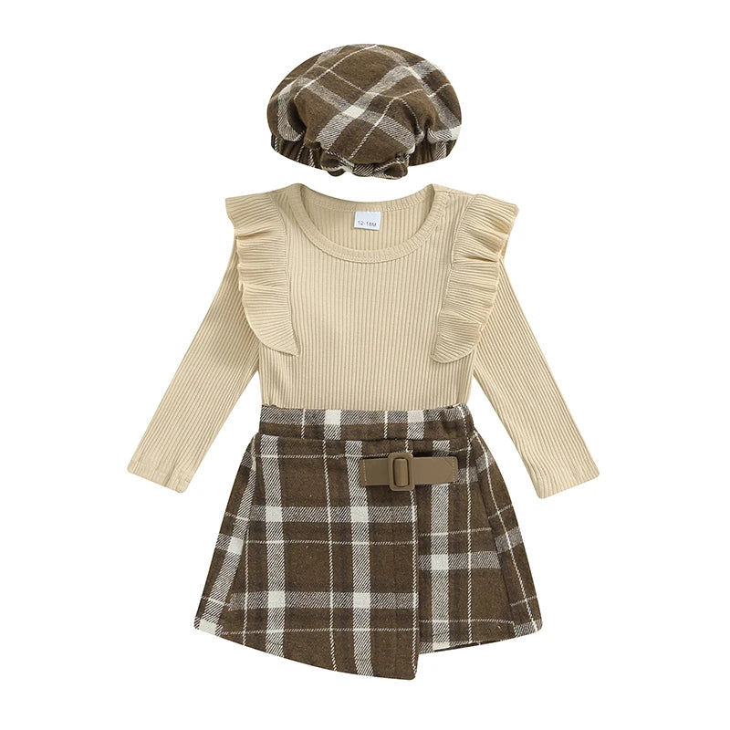 Toddler Girl Fall Outfits Solid Color Ribbed Knit Ruffles Crew Neck Long Sleeve Tops Plaid Skirts Hat Set