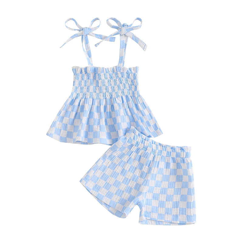 Toddler Baby Girl Summer Clothes Plaid Print Smocked Camisole + Elastic Waist Shorts 2Pcs Set