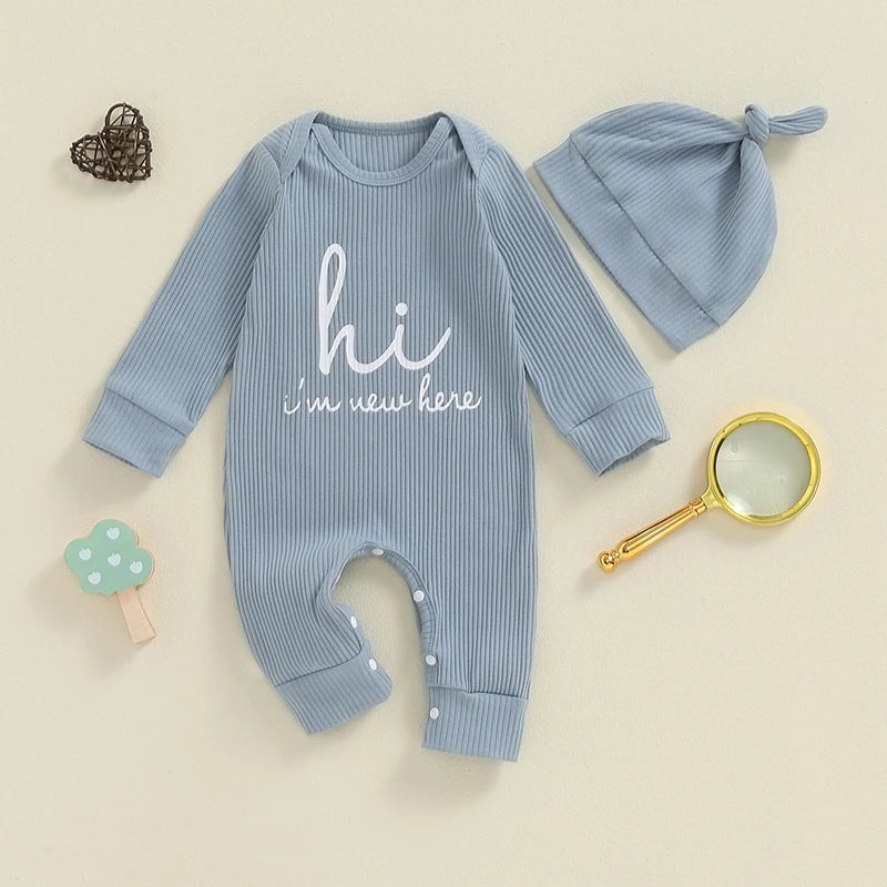 Baby Boys Romper Letter Print Long Sleeve Crew Neck Ribbed Jumpsuit With Hat