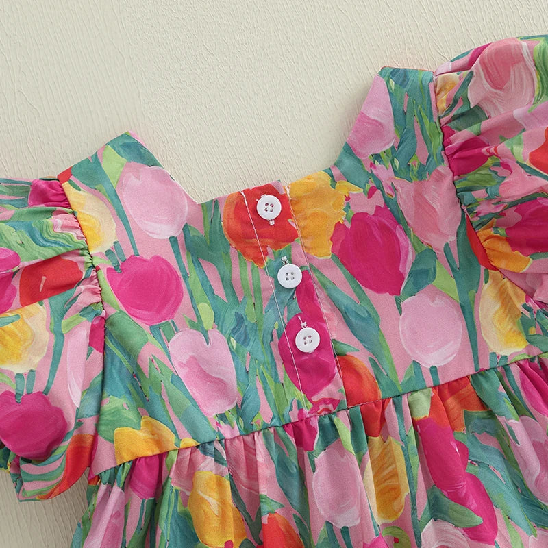 Toddler Baby Girl Floral Dress Short Sleeve Square Neck Bow Front Floral Print Loose Dress Casual Dress