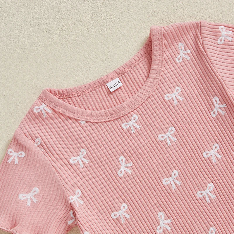 Toddler Baby Girl Bow Ribbed Outfit Lettuce Trim Short Sleeve Tops Elastic Waist Shorts Summer Set