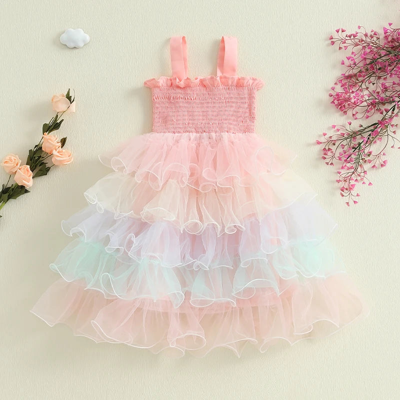 Baby Kids Girls Slip Dress Sleeveless Contrast Color Layered Summer A-line Dress Tulle Princess Dress