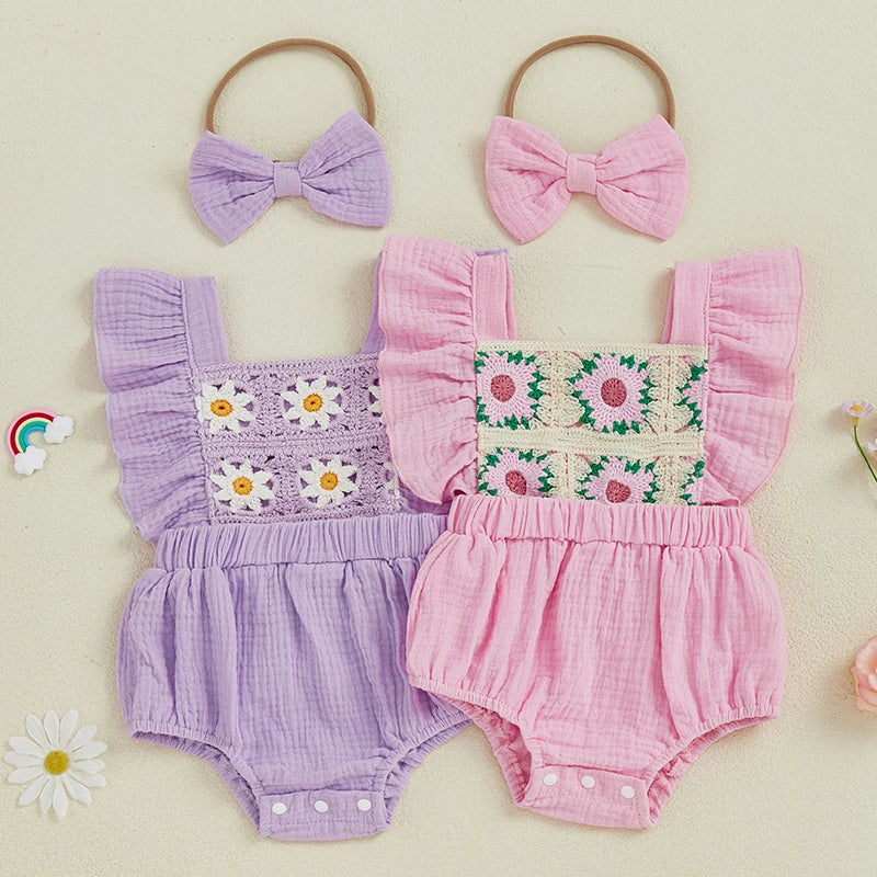 Summer Baby Girl Crochet Flower Romper Flying Sleeve Bodysuit with Bow Headband Outfit