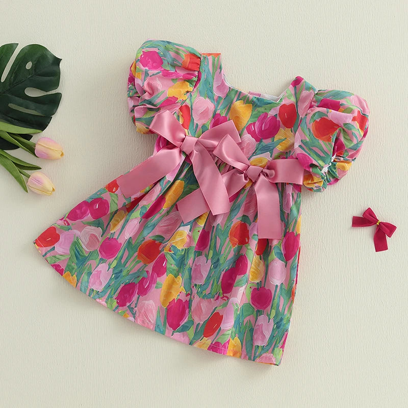 Toddler Baby Girl Floral Dress Short Sleeve Square Neck Bow Front Floral Print Loose Dress Casual Dress