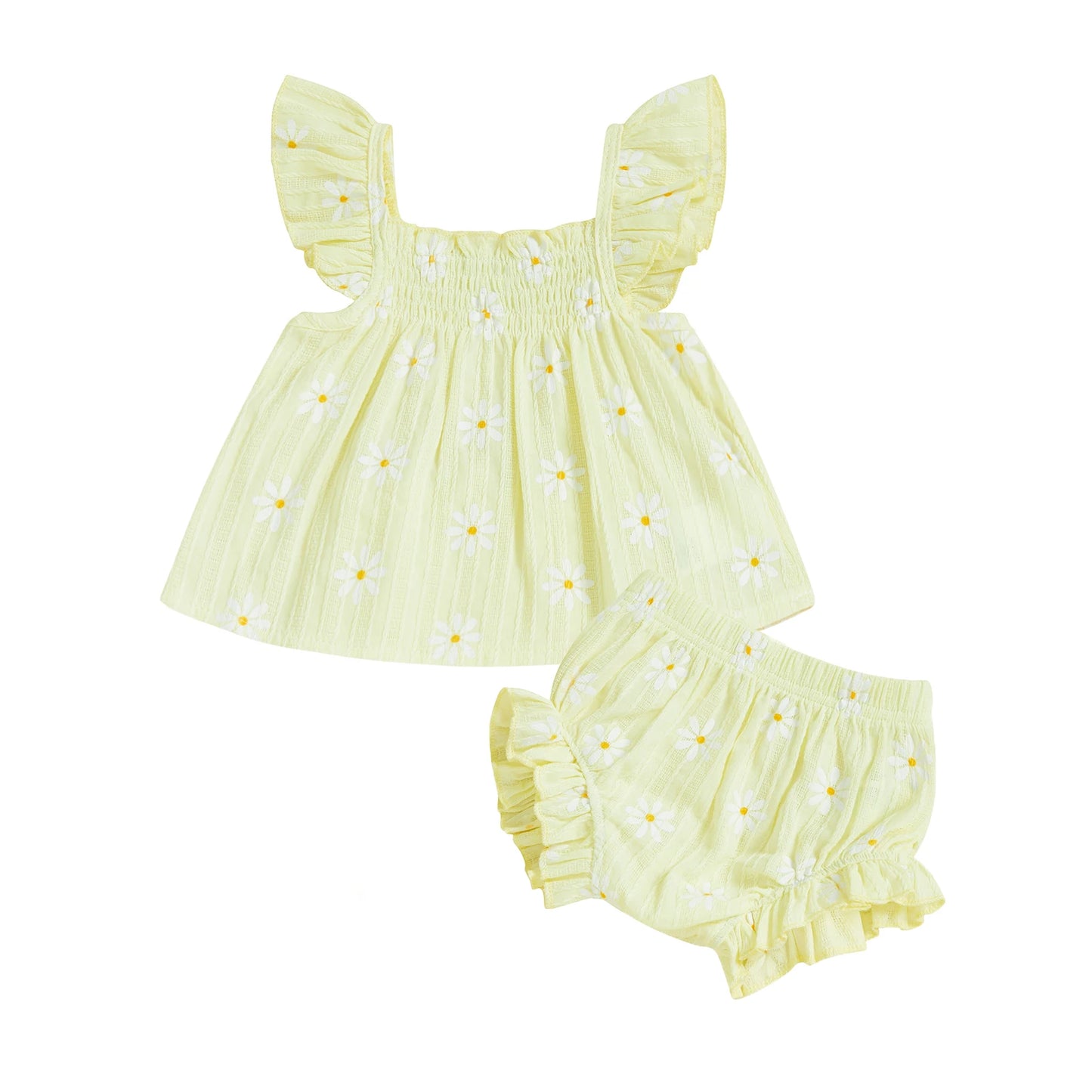 Baby Girl Daisy Outfit Smocked Flying Sleeve Babydoll Tops Elastic Waist Ruffle Shorts Cute Summer Clothes 2Pcs Set