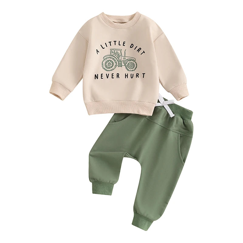 Baby Boy Fall Outfits Long Sleeve Tractor Letter Print Tops + Pants Set Toddler Winter Warm Clothes