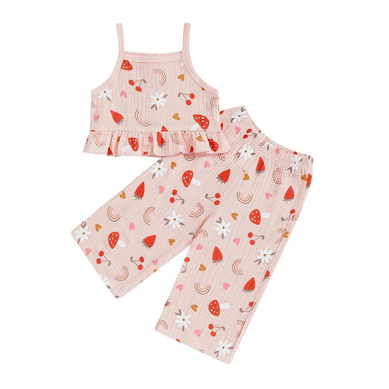 Toddler Baby Girl Summer Outfit Fruit Flower Print Ruffled Trim Sleeveless Top and Wide Leg Pants 2Pcs Set