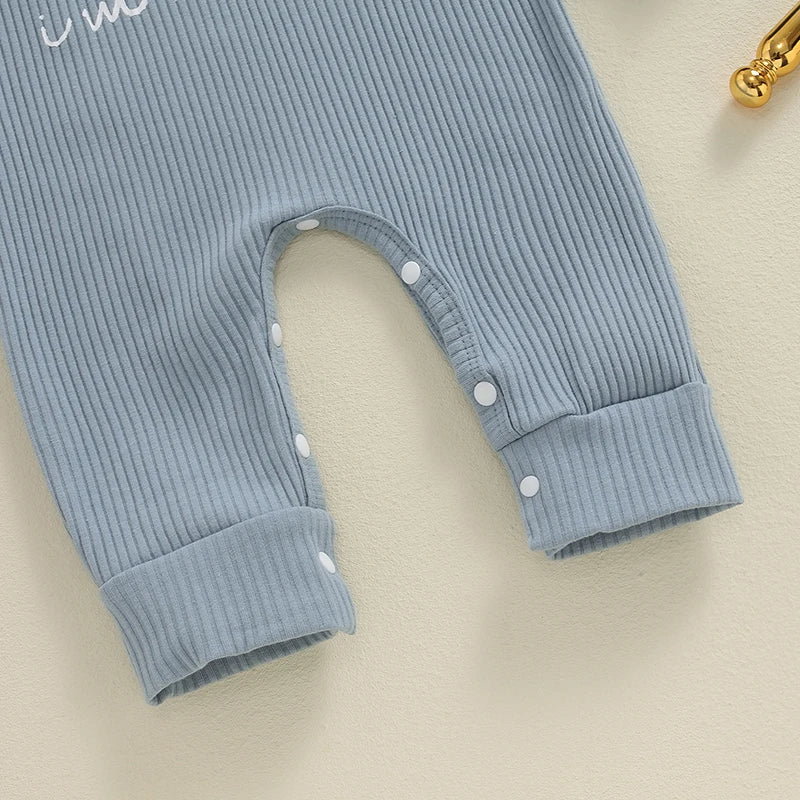 Baby Boys Romper Letter Print Long Sleeve Crew Neck Ribbed Jumpsuit With Hat