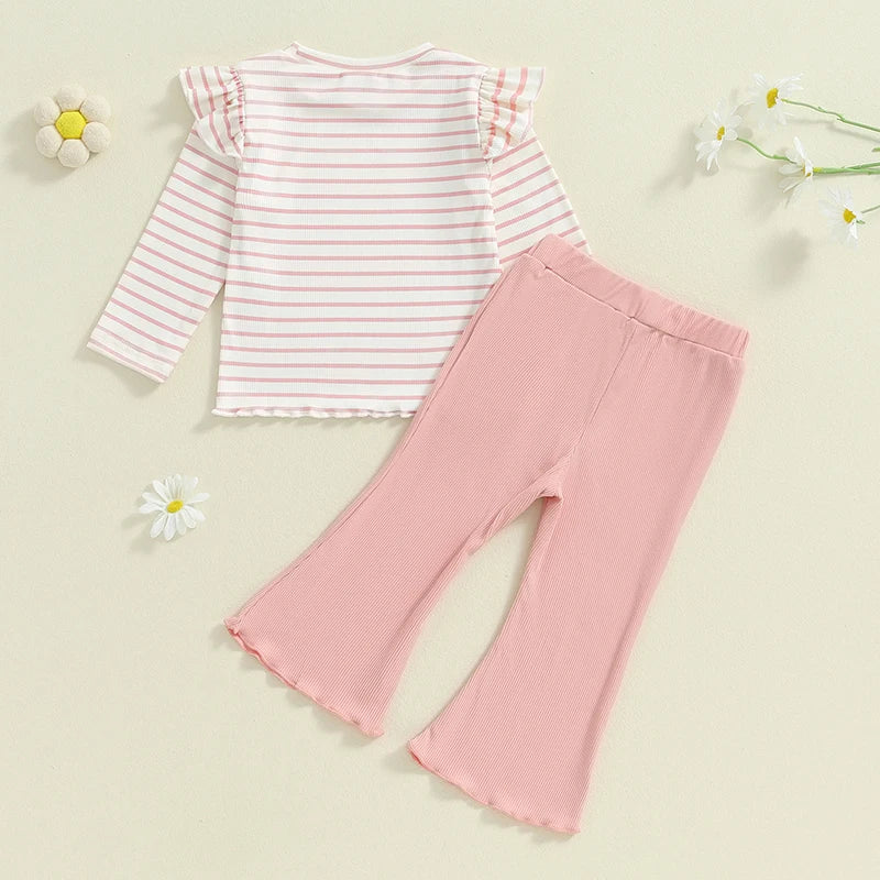 Toddler Girls Lacy Set Striped Long Sleeve Ruffled Tops Elastic Waist Drawstring Long Flare Pants Outfits