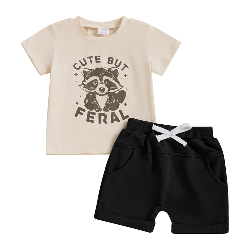Toddler Boys Summer Outfits Raccoon Letter Print Short Sleeve T-Shirts Elastic Waist Shorts Clothes Set