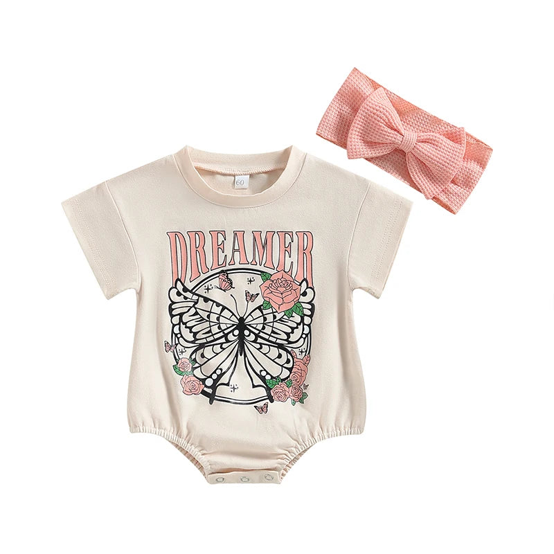Infant Baby Girl 2Pcs Bodysuit Short Sleeve Letters Flower Print Jumpsuit Bowknot Headband