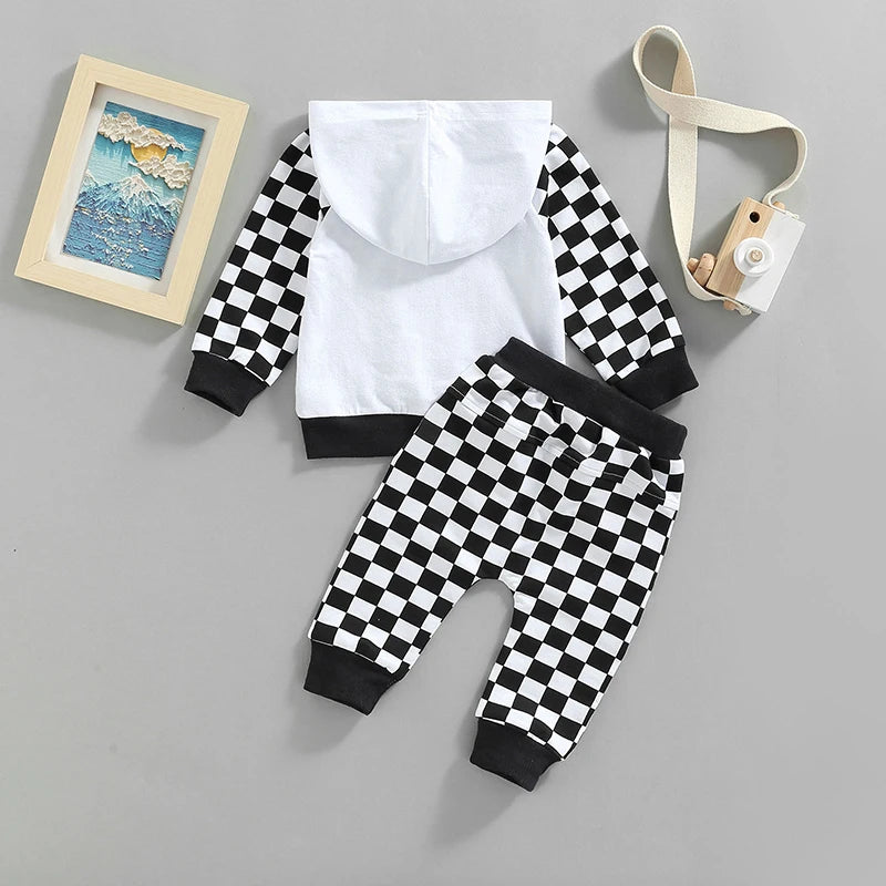 Girl Boy Outfit 2Pcs Set Plaid Long Sleeve Hoodie with Pockets Elastic Drawstring Waist Pants
