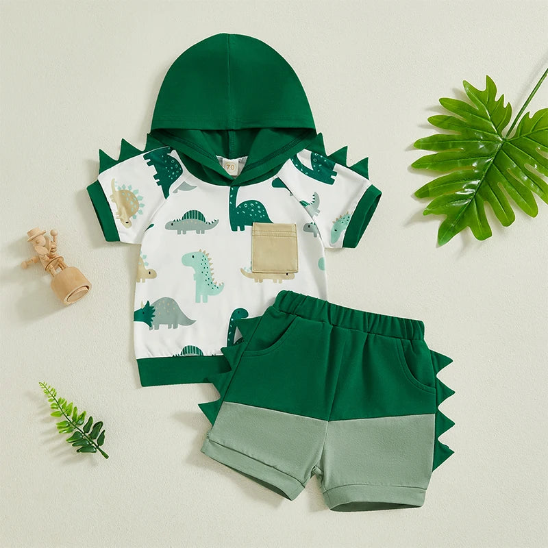 Toddler Baby Boy Summer Outfits Short Sleeve Dinosaur Print Hooded Tops+Shorts Set Clothes