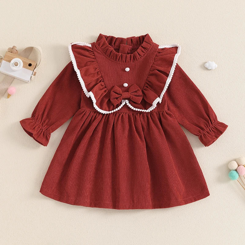Autumn Spring Little Girl Corduroy Dress Mock Neck Ruffled Long Sleeve Bow Decor A-Line Dress