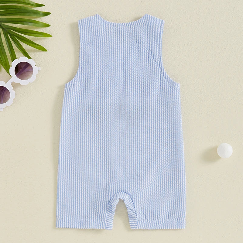 Baby Boys Jumpsuit, Sleeveless Crew Neck Striped Embroidery Golf Cart Summer Romper for Casual Daily