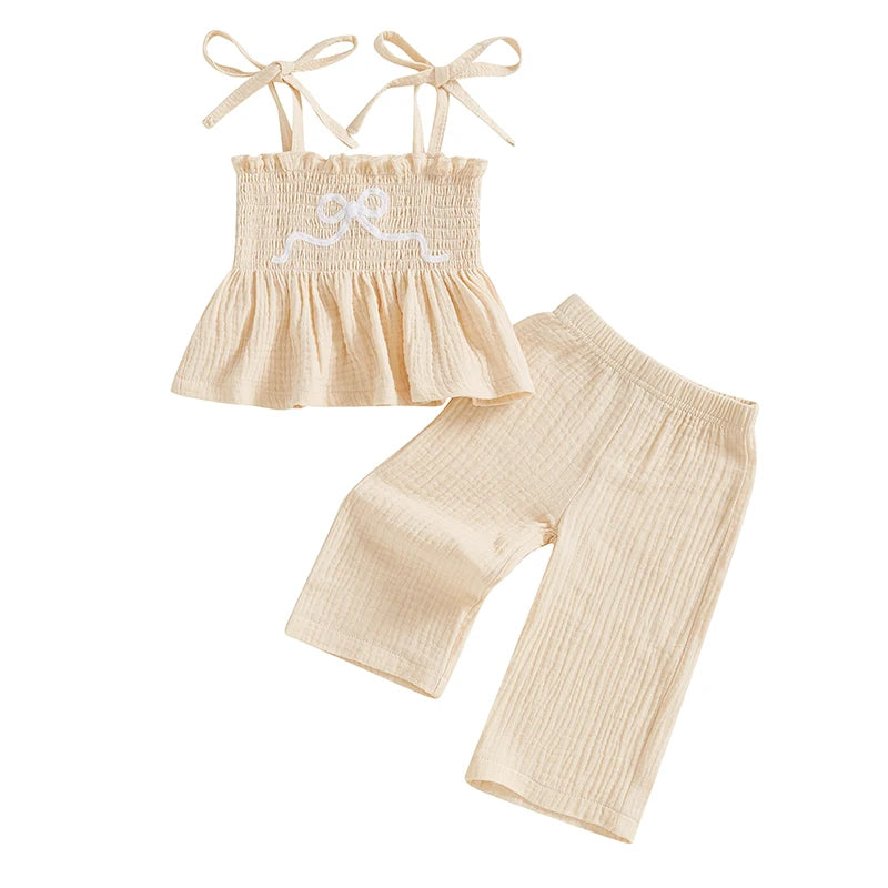 Toddler Baby Girl Set Bow Embroidery Sleeveless Smocked Lacing Strap Camisole Elastic Waistband Pants Outfits