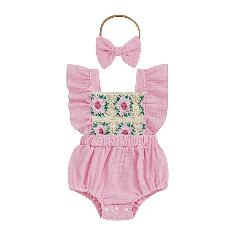 Summer Baby Girl Crochet Flower Romper Flying Sleeve Bodysuit with Bow Headband Outfit