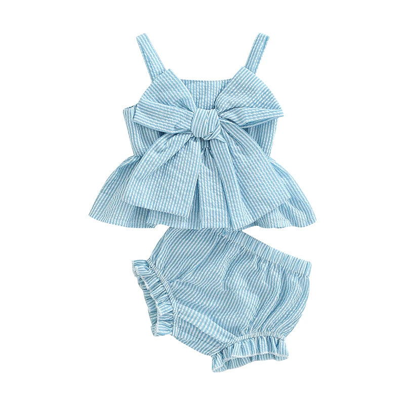 Newborn Baby Girl 2Pcs Sweet Clothing Set Striped Print Big Bow Embellished Vest Dress Top Shorts