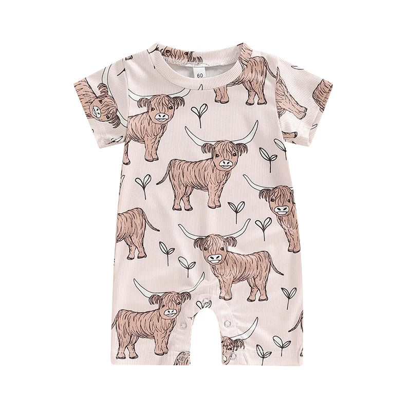 Baby Boys Western Short Sleeve Crew Neck Cow Head Print Casual Romper Jumpsuit
