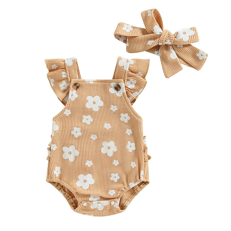 Infant Baby Girl Suspender Jumpsuit Set Floral Print Ruffled Flying Sleeve Bodysuit Headband