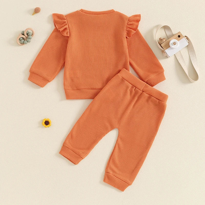 Girls Set Letter Embroidered Long Sleeve Ruffled Tops Elastic Waist Pockets Long Pants Outfits