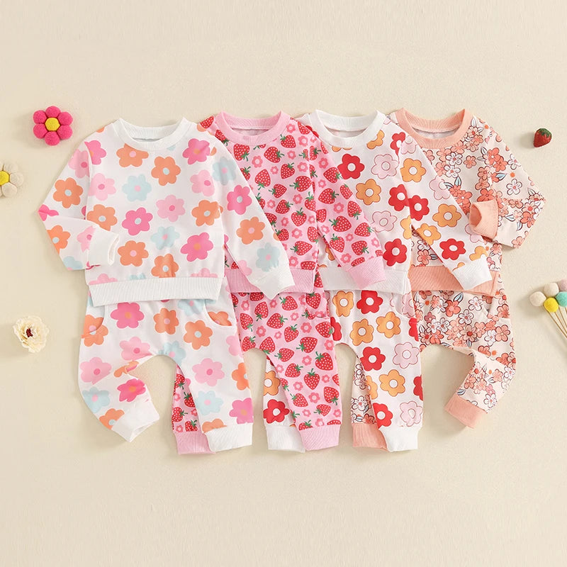 Toddler Girl Fall Outfits Floral Print Crew Neck Long Sleeve Sweatshirts and Long Pants 2Pcs Clothes Set