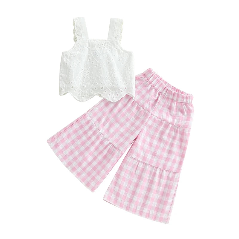 Toddler Girl Summer Clothes Eyelet Embroidery Cami Tops+Elastic Waist Plaid Print Wide Leg Pants 2Pcs Set